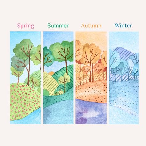 Four Seasons Artwork, 4 Seasons Illustration, 4 Seasons Drawing, Watercolor Seasons, Drawing Ideas Realistic, Seasons Illustration, Seasons Watercolor, Four Seasons Painting, Seasons Project