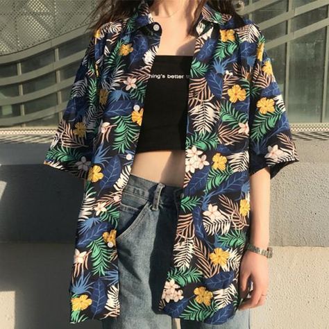 Hawaiian Shirt Outfit, Leaf Shirt, The Black Swan, Harajuku Shirt, Hippie Blouse, Cardigan Short, Blouse Summer, Hawaiian Outfit, Button Up Cardigan