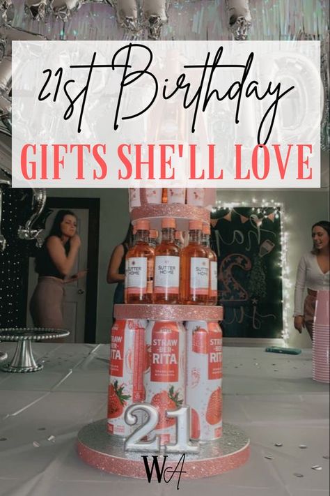 the only gift guide you will need for an amazing 21st birthday party 21st Birthday Gift Basket, Alcohol Tower, Gifts For 21st Birthday, Diy Alcohol Gifts, 21st Birthday Gift Baskets, Best 21st Birthday Gifts, Diy 21st Birthday Gifts, Cute Party Decorations, 21st Birthday Basket