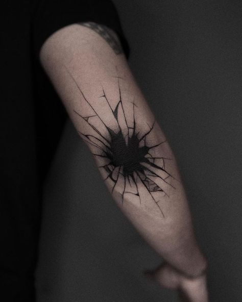 30+ Elbow Tattoos for Men To Show Your Artistic Side - 100 Tattoos Cracked Elbow Tattoo, Broken Glass Tatoos Ideas, Broken Glass Elbow Tat, Tattoo Cracks, Cracked Glass Tattoo, Pyro Tattoo, Elbow Tattoos For Men, Inside Elbow Tattoo, Glass Tattoo Ideas