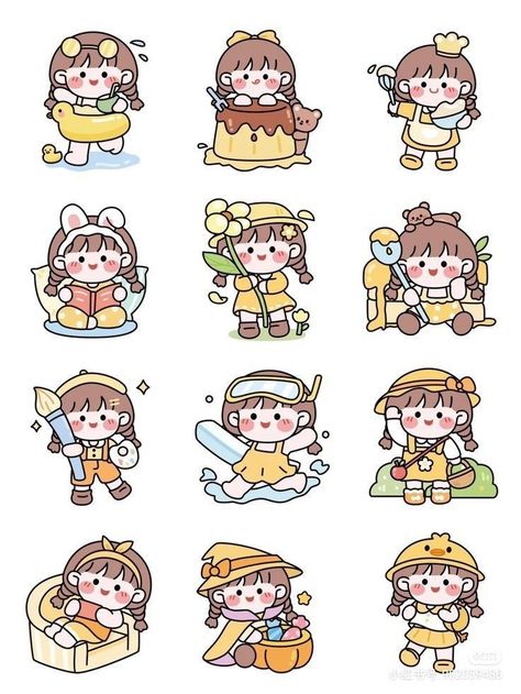 Kawaii Girl Stickers, Sticker Momo, Cute Little Stickers, Yellow Girl, V Chibi, Sticker Design Inspiration, Cute Easy Doodles, Korean Stickers, Cute Laptop Stickers