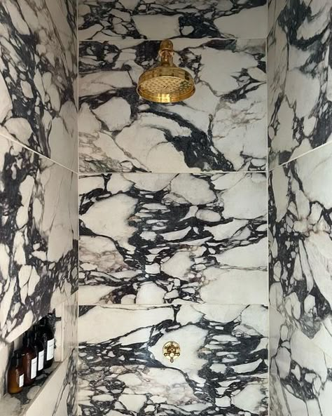 Large Shower Tile Ideas, Walking Shower Ideas, Dramatic Marble, Bathroom Design Wood, Unlaquered Brass, Terrazzo And Wood, Bathroom Large, Marble Showers, Primary Bath