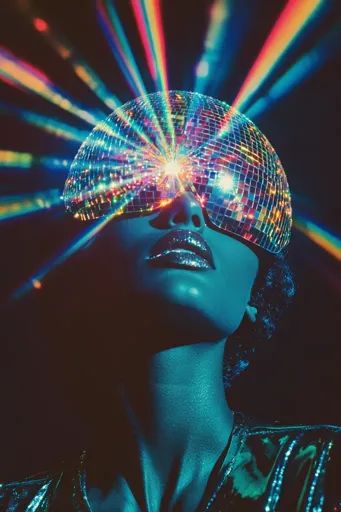 ↑↑↑ Larger size on website 🔸 A person is wearing a disco ball on their head, with their eyes covered by the shiny, mirrored surfa Disco Diva Makeup, Sparkly Disco Outfit, Disco Ball Photoshoot, Disco Ball Head, Eyes Covered, Alien Artwork, Vintage Elements, Glitter Party, Eye Cover