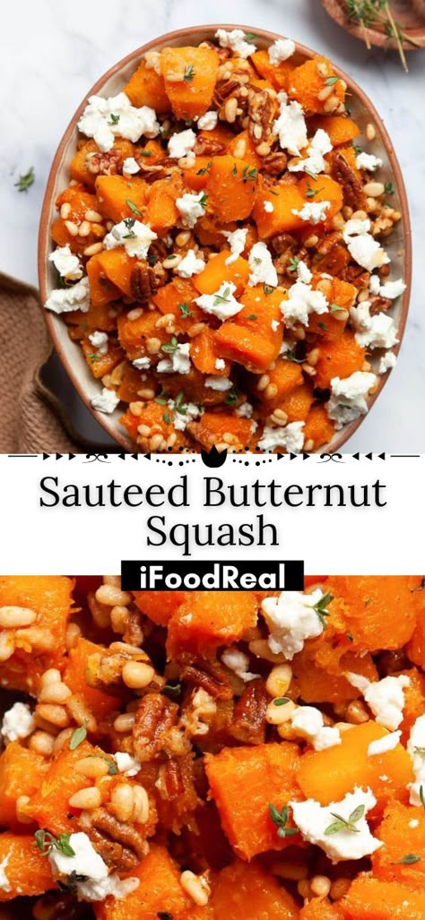 Simple Sauteed Butternut Squash is flavored with honey and garlic and topped with toasted nuts. This tasty vegetable side dish is ready in less than 30 minutes and pairs well with anything. Roasted Butternut Squash With Cranberries, Sautéed Butternut Squash, Creamed Butternut Squash, Carrot And Butternut Squash Recipe, Honey Nut Squash Recipe, Honey Nut Squash, Sauteed Butternut Squash, Honey And Garlic, How To Cook Squash