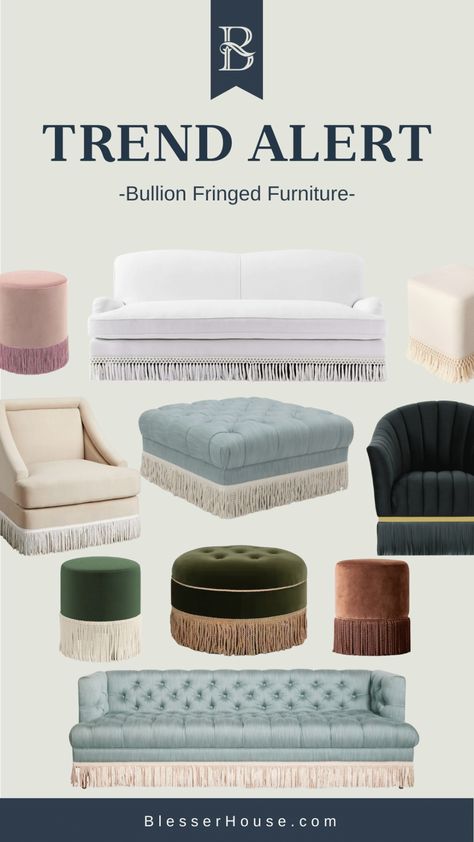 Trend Alert: Bullion Fringe Furniture for All Budgets - Bless'er House Fringe Furniture, Fringe Styling, Maximalist Interior Design, Burled Wood Furniture, Bullion Fringe, Maximalist Interior, Maximalist Style, Chinoiserie Wallpaper, Timeless Classic Style