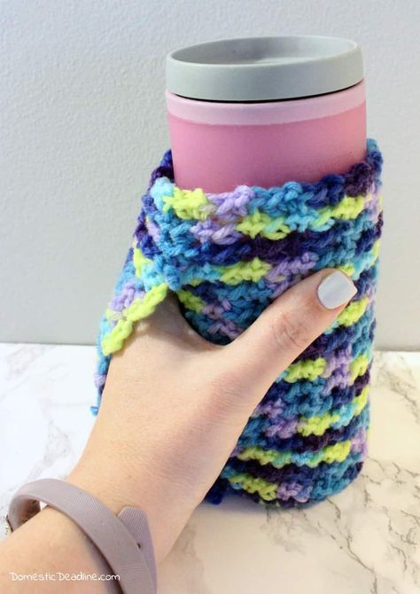 Crocheted Coffee Cozy with Hand Warmer and Secret Pocket Cup Warmer Pattern Coffee Sleeve, Crochet Travel Mug Cozy, Crochet Cup Cozy With Handle, Knit Coffee Cozy, Summer Crochet Projects, Cup Cozy Crochet Pattern, Crochet Knit Stitch, Beverage Warmers, Crochet Travel