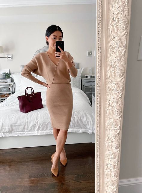 Camel Sweater Dress Outfit, Sweater Dress For Work, Sweater Dress Work Outfit, Tan Sweater Dress Outfit, Casual Outfits For Office, Outfits For Office, Camel Sweater Dress, Fall Work Outfit, Sweater Dress Petite