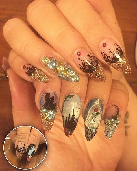 15 Nails, Beauty And The Beast Nails, Disneyland Nails, Belle Nails, Coffin Acrylic Nails, Wedding Acrylic Nails, Year Nails, Quinceanera Nails, Disney Clothes