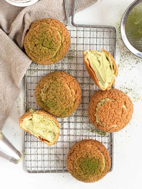 Matcha Cream Puffs (Choux au Craquelin) Craquelin Recipe, Matcha Cream Puff, Matcha Custard, Catherine Zhang, Creamy Matcha, Choux Puff, Matcha Brownies, Matcha Cream, Custard Cookies