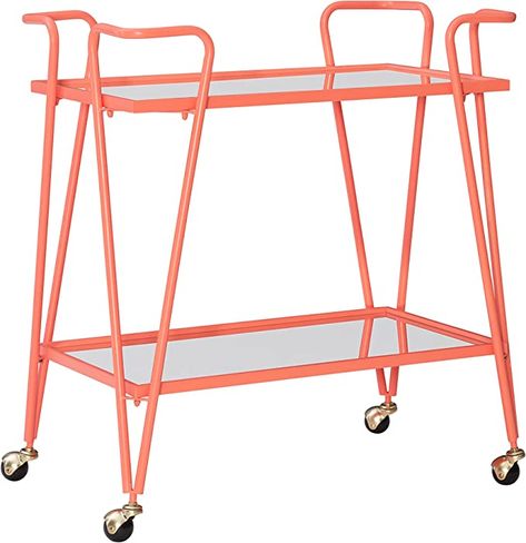 Amazon.com: Linon Gina Coral Mid-Century Bar Cart with Mirrored Shelves and Locking Wheels : Home & Kitchen Shelves On Wheels, Mid Century Modern Bar Cart, Mirrored Shelves, Mobile Bar Cart, Lounge Mirrors, Antique Sofas, Bar Serving Cart, Modern Bar Cart, Metal Bar Cart