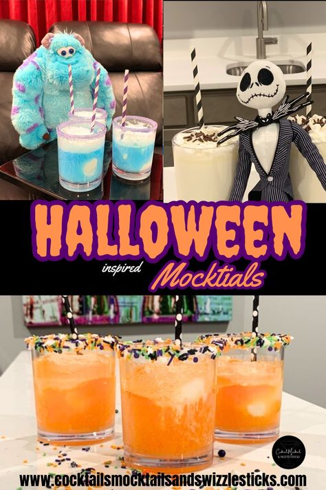 this image shows three different pictures. One with Sully from monsters inc and sully themed drink, one with a Jack Skellington themed drink and one with three orange drinks with black staws and Halloween Sprinkles. Halloween Party Drinks Non Alcoholic, Halloween Mock Tails, Spooky Drinks Nonalcoholic, Non Alcoholic Halloween Drinks, Halloween Mocktails Non Alcoholic, Halloween Drinks Nonalcoholic, Easy Halloween Drinks, Halloween Munchies, Halloween Drinks For Kids