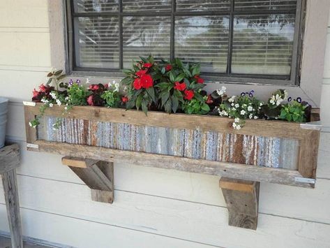 Rustic metal box framed with barn wood Window Planter Box, Box With Flowers, Window Planter, Fenced Vegetable Garden, Galvanized Decor, Plant Window, Box Flowers, Window Box Flowers, Window Planters