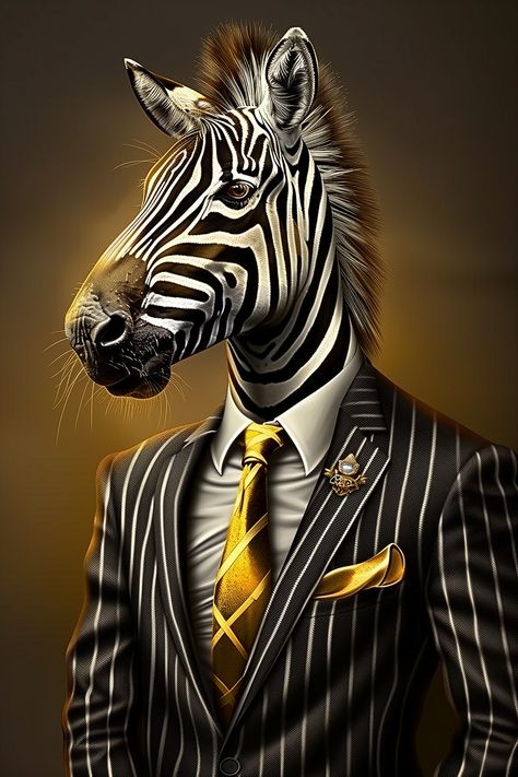 A digital art print of a zebra dressed in a striped suit, set against a minimalist background. This contemporary animal portrait combines the natural stripes of the zebra with a stylish suit, making it a unique and elegant piece of wall decor. Animals In Clothes Art, Brindlewood Bay, Animal In Suit, Zebra Portrait, Zebra Costume, Crazy Grandma, Portrait Unique, Stylish Wall Decor, Zebra Art