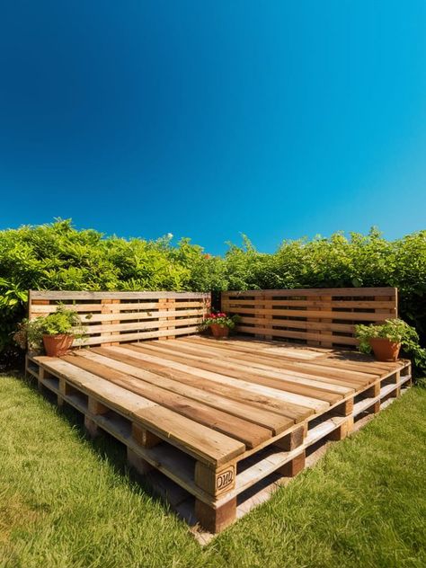 Diy Deck Backyard, Interlocking Deck Tiles Patio Ideas, Deck Using Pallets, Diy Outdoor Deck, Diy Pallet Patio, Patio Deck Ideas, Pallet Fence Diy, Pallet Garden Ideas, Pallet Patio Decks