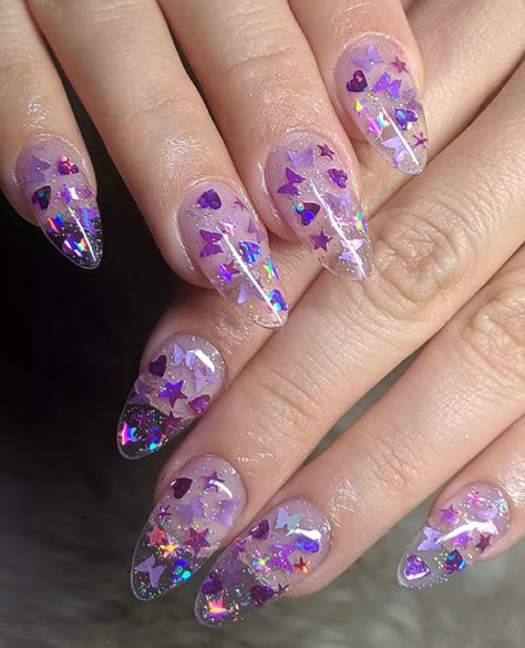 Random Nails, Clear Glitter Nails, Set Nails, Purple Acrylic Nails, Nails Arts, Nail Art Studio, Beauty Nails Design, Fall Acrylic Nails, Kawaii Nails