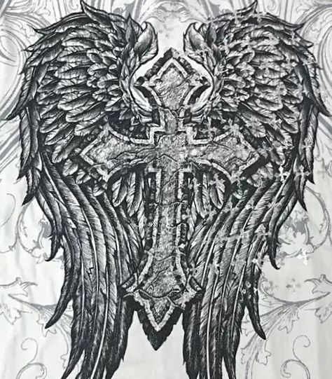 from the back of my affliction tee Affliction Background, Affliction Design Png, Affliction Design Graphics, Y2k Cross Wallpaper, Goth Icons Aesthetic, Affliction Design, Cybergoth Y2k, Cross With Wings, Cross Wallpaper