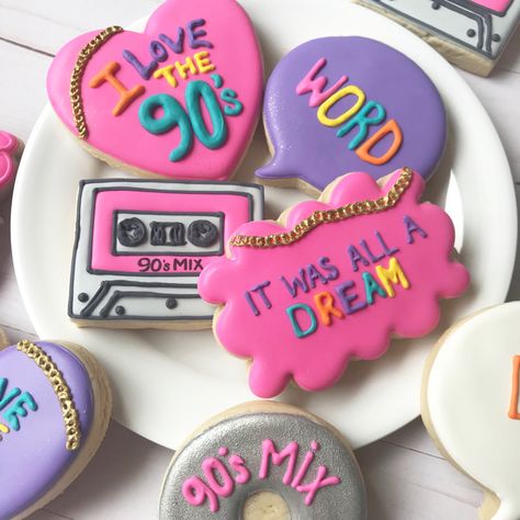 Decorated sugar cookies - 90s theme 2000 Theme Cookies, 90s Themed Desserts, Early 90s Theme Party, 90th Theme Party Ideas, 30th Birthday Ideas 90s Theme, 90s Themed Cookies Decorated, Born In The 90s Party, 90s Theme 1st Birthday Party, 90s Decorated Cookies