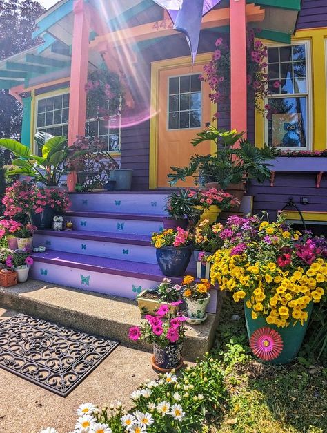 Colourful & Maximalist Home Decor Inspo | Hi All! First post in this lovely group | Facebook Pink House Exterior, Maximalist House, Maximalist Home Decor, Colorful House, Garden Mural, Maximalist Home, Bohemian House, Nature Inspired Decor, Purple Home