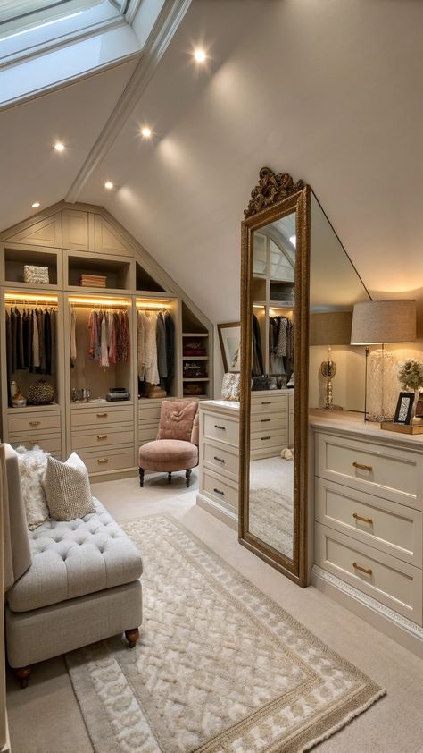 Small Attic Room Ideas Attic Dressing Room, Elegant Dressing Room, Small Attic Room Ideas, Small Attic Room, Attic Room Ideas, Custom Shelves, Elegant Dressing, Space Saving Hacks, Small Attic