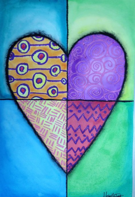 Jim Dine inspiration Heart Art Mixed Media Project More Heart Art Projects, Valentine Art Projects, Elementary Lessons, Arte Doodle, 2nd Grade Art, 4th Grade Art, 5th Grade Art, 3rd Grade Art, Senior Activities