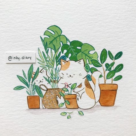 Plant Life Drawing, Cat Drawing With Flowers, Cat In Flowers Drawing, Cute Garden Drawing, Cute Drawings Flowers, Anime Plants, Cat Painting Watercolor, Plant Sketch, Plant Paintings