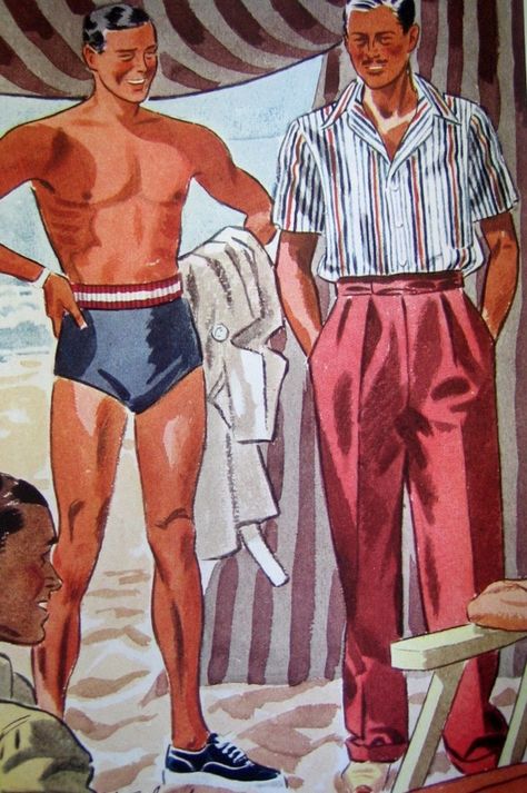 Not a bad beach outfit for the fellow on the right, but those swim trunks...uhm...no :) Men Modeling, Modeling Clothes, 70s Boys, Mens Fashion Illustration, Man Dressing Style, Fashion Artwork, Vintage Mens Fashion, Model Outfits, Men Vintage