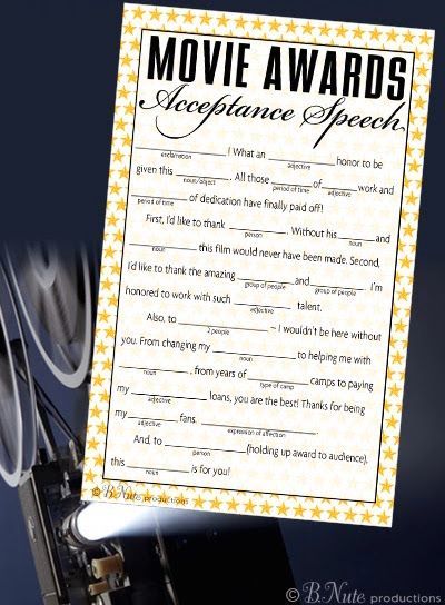 Fun Oscar party ideas: free printable acceptance speech from B. Nute Productions Hollywood Party Games, Oscar Party Games, Oscars Theme Party, Award Acceptance Speech, Oscars Party Ideas, Academy Awards Party, Hollywood Birthday, Oscar Viewing Party, Hollywood Party Theme