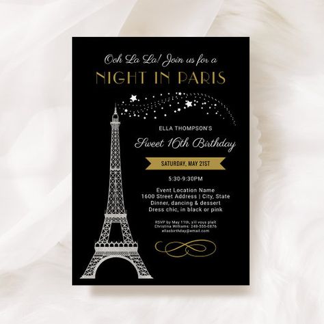 Night In Paris Eiffel Tower Gold Sweet 16 Birthday Invitation #zazzle #weddinginvitations #birthdayinvitations #babyshowerinvitations #zazzleinvitations #monogram #businesscards #graduation #homedecor Gold Sweet 16, Night In Paris, Milestone Birthday Party, 16th Birthday Invitations, Sweet 16 Birthday Party, 10th Birthday Parties, Sweet 16 Invitations, 16th Birthday Party, Ooh La La