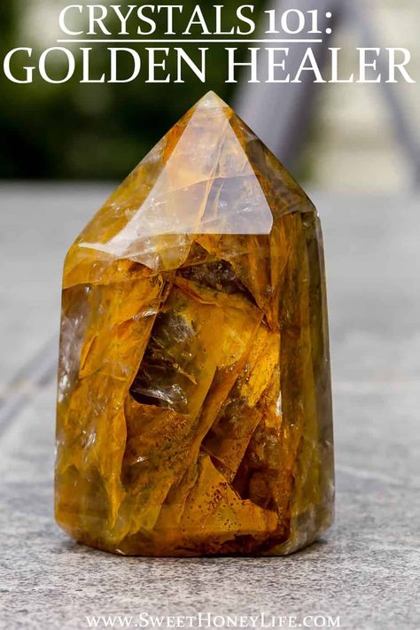 Learn the basics about Golden Healer, also known as yellow hematoid quartz, and its properties, the chakras and astrological signs it is connected to, and the possible benefits you may experience by working with this stunning crystal. | #crystals #goldenhealer #yellowhematoidquartz #quartz Golden Healer Quartz Crystal Meaning, Golden Healer Crystal Meaning, Golden Healer Crystal, Golden Healer Quartz Meaning, Diamond Treasure, Crystals Meaning, Quartz Properties, Golden Healer Quartz, Healing Crystals Meanings