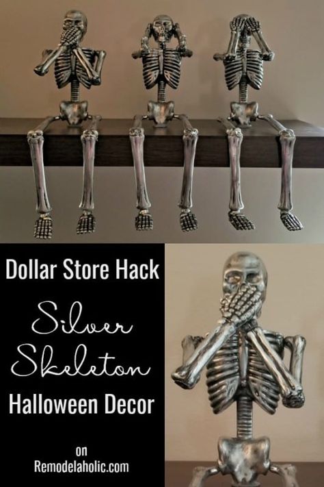 dollar store DIY silver skeletons #remodelaholic #halloween decor Skeleton Office Decorations, Skeleton Halloween Decorations Indoor, Mini Skeleton Ideas, Mini Skeleton Decorations, Mini Skeleton Crafts, Small Skeleton Decorating Ideas, Dollar Tree Skeleton Crafts, Silver Halloween Decor, Diy Skeleton Decor