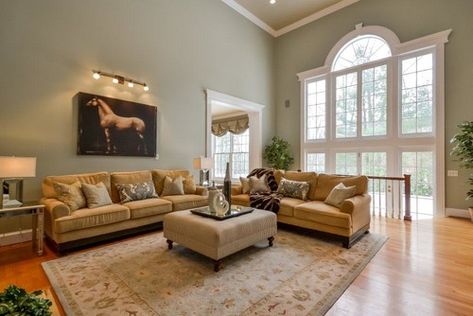 Austere Gray, Traditional Family Room Ideas, Gray Sherwin Williams, Transitional Family Room, Bathroom Wall Colors, Green Grey Paint, Diy Dining Room Table, Traditional Family Room, Tan Walls