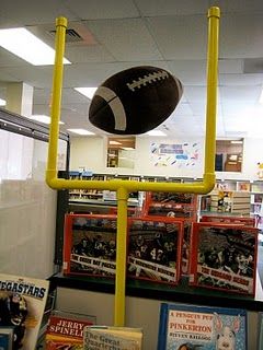 PVC goal post for $8.15 (plus spray paint) Sports Classroom, Football Displays, Homecoming Floats, Sports Theme Classroom, School Library Displays, Team Theme, Middle School Libraries, Library Book Displays, Football Homecoming