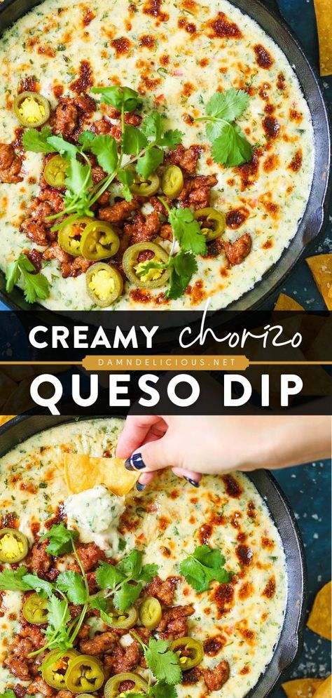 CREAMY CHORIZO QUESO DIP, game day, football party, appetizer recipes, snack ideas Mexican Party Dip, Tortilla Chip Appetizer Dip Recipes, Cheese Chorizo Dip, Creamy Chorizo Queso Dip, Dip Snack Ideas, Party Appetizer Recipes Crockpot, Dinner Party Apps Appetizer Ideas, Dinner Ideas With Chorizo, Chorizo Cheese Dip Recipes