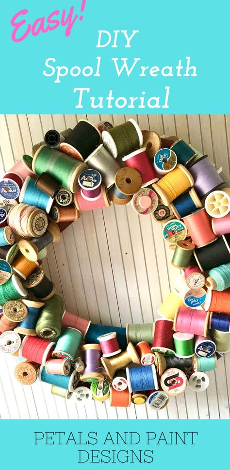 Find easy to follow step by step video tutorial here Thread Spool Wreath, Wooden Thread Spool Wreath, Wreaths For Sewing Room, Wreath Sewing Theme, Sewing Spool Crafts, Crafts With Wooden Spools, Wooden Thread Spool Ideas, Spool Wreath, Sewing Wreath