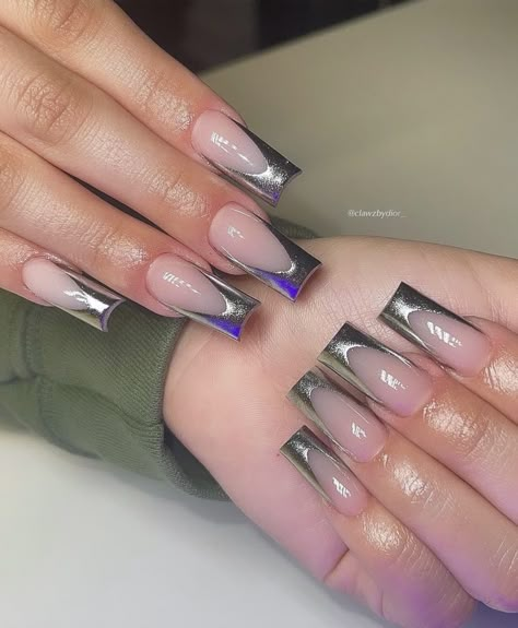 Silver Tip Nails, Chrome Nails Silver, Sliver Nails, Long Square Nails, Acrylic Nail Shapes, Square Nail Designs, Baddie Nails, Work Nails, Short Square Acrylic Nails