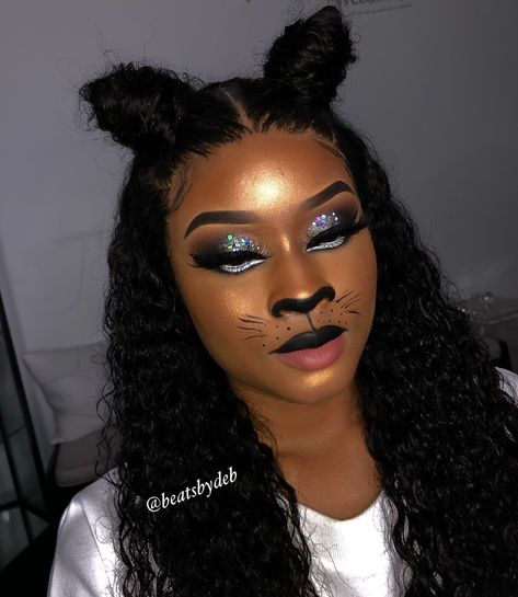 Such a cute Halloween look!❤️ #makeup #cat #halloweenmakeup   Follow @beatsbydeb on Instagram for more! Cat Look Makeup Halloween, Black Cat Make Up For Halloween, Cat Eye Make Up Black Women, Cat Makeup Black Women, Glam Cat Makeup Halloween, Black Woman Halloween Makeup, Halloween Makeup On Black Women, Cat Eye Makeup Look Black Women, Black Halloween Eye Makeup