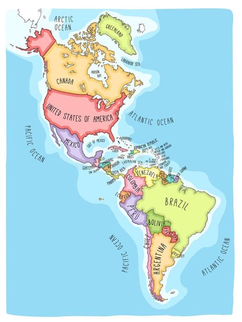 America Map Illustration, Hug Cartoon, Spanish Projects, America Images, Labrador Canada, South America Map, North America Map, Geography Lessons, Hand Drawn Map