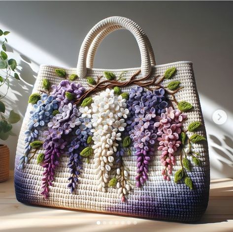 Crochet Bags Purses Handbags, Crochet Bag Ideas Handbags, Crochet Wisteria, Cute Crochet Bags, Ribbon Stitching, Crocheted Handbags, Flower Crochet Bag, Crochet Flower Bag, Handcrafted Handbags