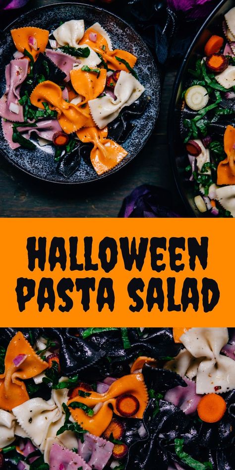 This healthy, #vegan Halloween Pasta Salad is the perfect lunch for kids and adults! Spooky Pasta Salad, Halloween Salads, Halloween Pasta Salad, Halloween Salad, Halloween Lunch Ideas, Lunch For Kids, Halloween Pasta, Colored Pasta, Halloween Lunch