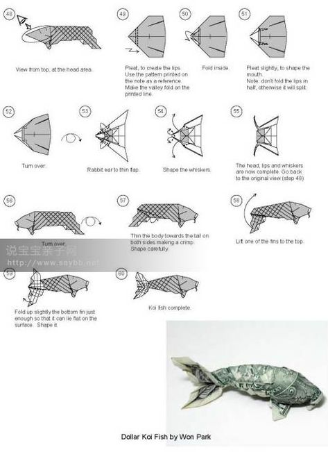 Easy! Dollar origami instructions - http://www.ikuzoorigami.com/easy-dollar-origami-instructions/ Koi Origami, Fish Origami, Origami Koi Fish, Easy Origami Flower, Dollar Origami, Paper Fish, Origami Boat, Dollar Bill Origami, Origami Dragon