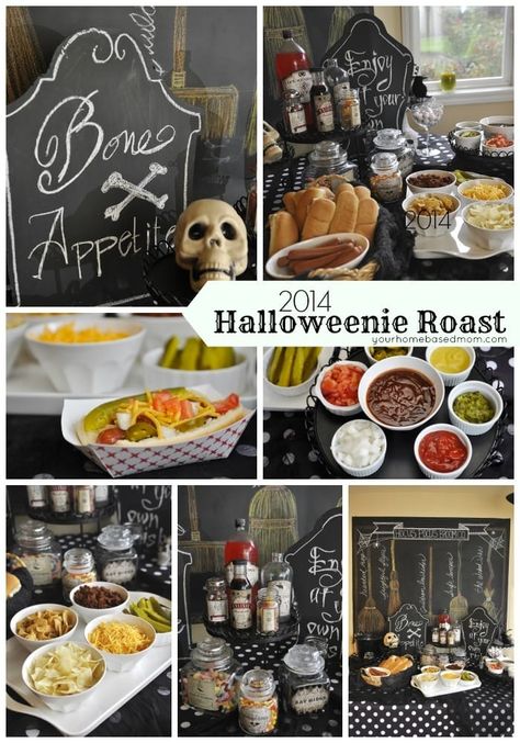 This year's annual Halloweenie Roast was a big hit with a make your own hot dog bar. Everyone roasted their dog outside and then custom made their own dog with lots of toppings. Halloweenie Roast, Halloween Chili, Halloween Hotdogs, Halloween Party Menu, Hot Dog Party, Chili Bar, Hot Dog Chili, Halloween Bar, Hot Dog Bar