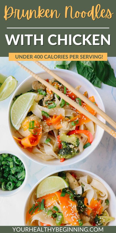 Pinterest pin of easy drunken noodle recipe. Easy Drunken Noodles Recipe, Drunken Noodles, Noodle Recipe, Light Meals, Healthy Lunch Meal Prep, Fast Healthy Meals, Healthy Lunches, Lunch Recipes Healthy, Lunch Meal Prep