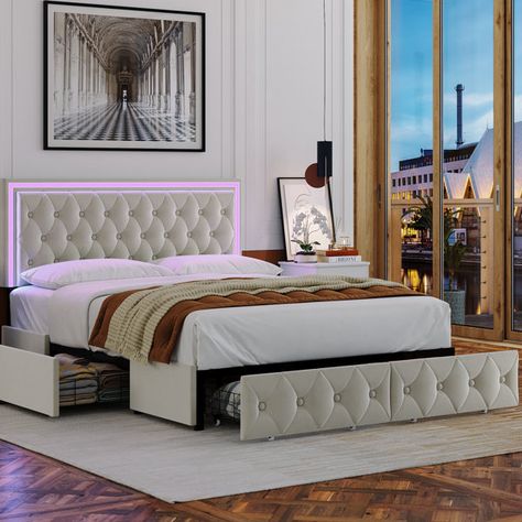 Led Beds, Bed Frame With Drawers, Bed With Led Lights, Led Bed Frame, White Bed Frame, Full Size Bed Frame, Full Bed Frame, White Headboard, King Size Bed Frame