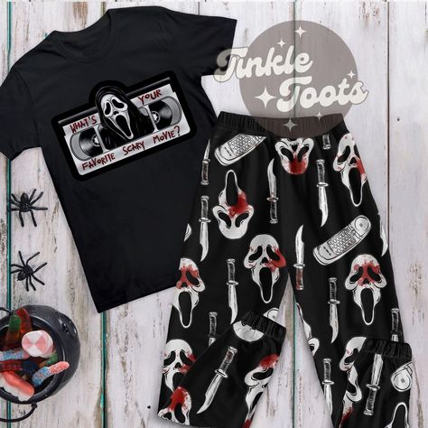 What'S Your Favorite Scary Movie Halloween Pajamas Set, Character Horror Movie Pajamas Set Check more at https://hearthtops.com/product/whats-your-favorite-scary-movie-halloween-pajamas-set-character-horror-movie-pajamas-set/ What's Your Favorite Scary Movie, Scream Halloween, Halloween Pajamas, Matching Pjs, Adult Pajamas, Baddie Outfits Ideas, Scary Movie, Matching Pajamas, Pajama Robe