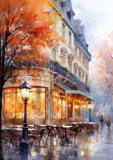 Autumn Restaurant, Europe Painting, Cafe Painting, Fantasy Imagination, France Painting, Architecture Prints, European Cafe, Venice Painting, French Village