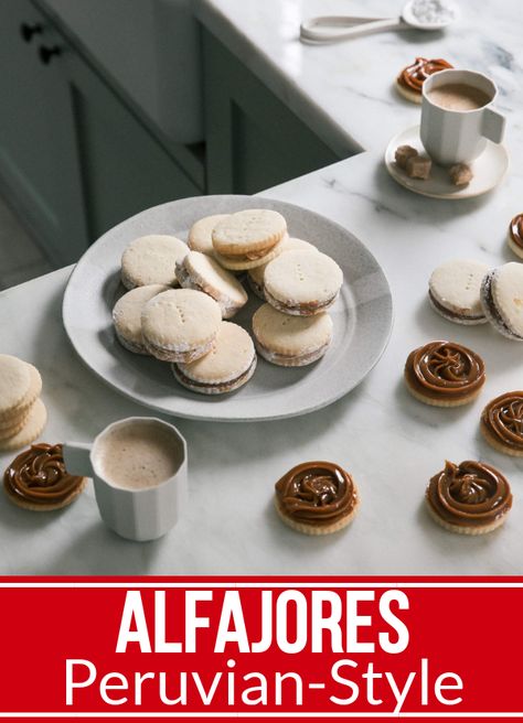 When I was in Peru, I went to a bakery and was blown away by the alfajores. They melted in your mouth. So good! The one I had was rolled in powdered sugar and the manjar blanco had a subtle cinnamon flavor to it, which is typical. These are Peruvian alfajores. Manjar blanco that is spiked with cinnamon and cloves is sandwiched in between two light shortbread-like cookies. The sides are rolled in powdered sugar. Peruvian Alfajores Recipe, Alfajores Recipe, Peruvian Desserts, Modern Bakery, Cozy Recipes, Peruvian Style, Short Bread, Bread Cookies, Peruvian Recipes