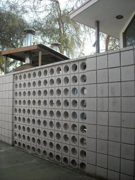 Early 1960s concrete block/brick wall, Porterville, CA.  DSMc. 2011. Isn't this Dr. Neal and Dr. Gibbs old office? Concrete Fence Wall, Decorative Concrete Blocks, Pagar Modern, Breeze Block Wall, Concrete Block Walls, Cinder Block Walls, Breeze Blocks, Concrete Fence, Compound Wall