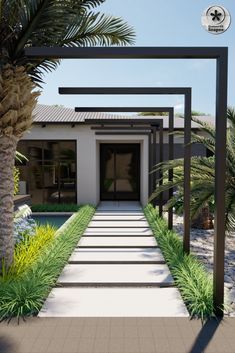 Large Modern Garden, Front Yard Entrance Ideas, Modern Flagstone Patio Design, Modern Landscape Design Front Yard Entrance, Modern Landscaping Front Yard Entrance, Contemporary Pergola Designs, Front Yard Pergola, Entrance Pergola, Pergola Entrance