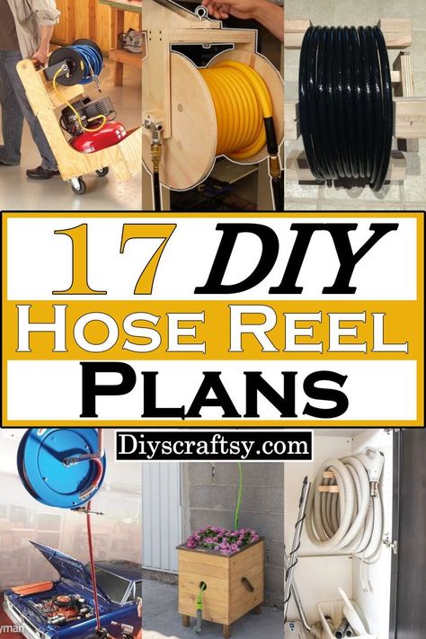 17 DIY Hose Reel Plans To Make Today Diy Hose Holder Planter, Hose Reel Stand, Home Made Hose Reel, Wood Hose Holder, Diy Garden Hose Reel Ideas, Garden Hose Storage Ideas Curb Appeal, Homemade Hose Reel, Diy Water Hose Reel, Air Hose Reel Mounting Ideas