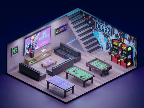 Underground Game Room, Gamer Room Design, Gaming Room Ideas, Room Decor Gaming, Gaming Lounge, Small Game Rooms, Rumah Minecraft Sederhana, Arcade Room, Game Room Basement